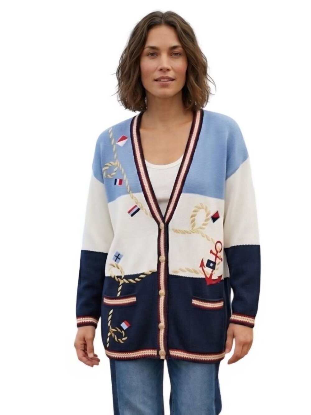 Karen Scott Vintage Nautical Embroidered Oversized Cardigan Sweater Size M